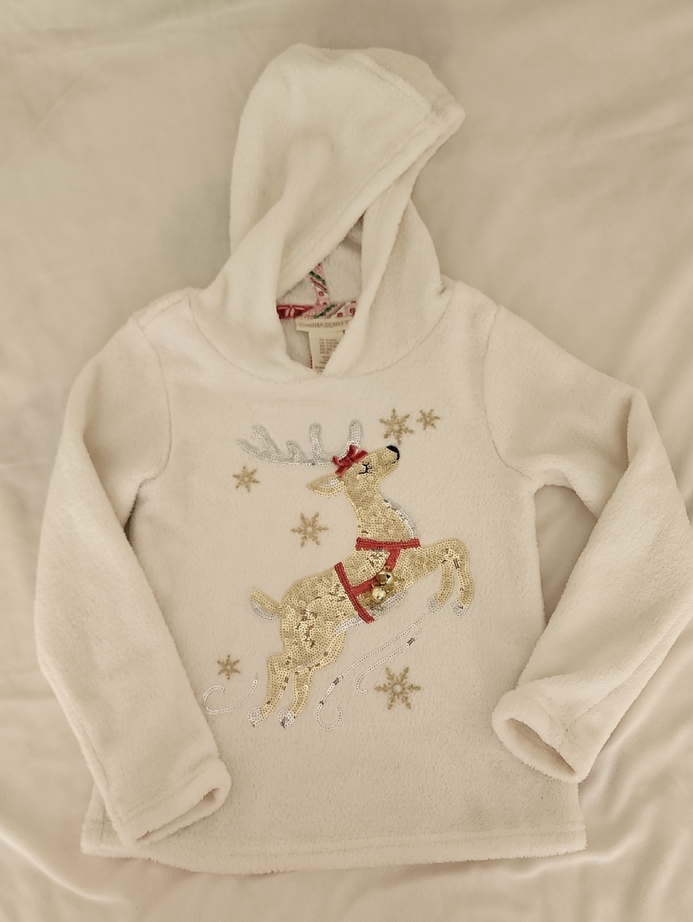 Cynthia Rowley White Hooded Fleece Top with Gold Sequin Reindeer